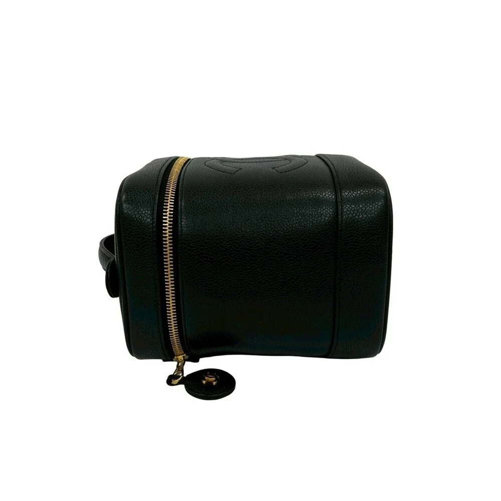 CHANEL Black Caviar Leather Logo Vanity Bag